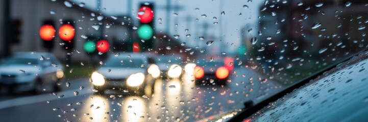Naklejka premium Rainy city traffic lights reflected on a wet car windshield. rain on the street