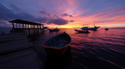 Serene coastal dusk scene with boats anchored near a rustic pier under a vibrant sky