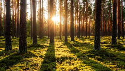 Sunlight through a pine forest