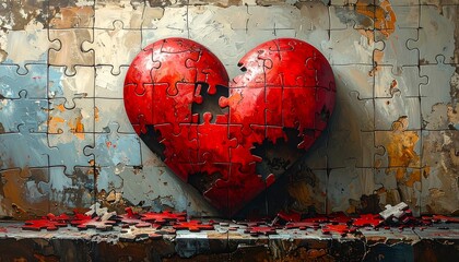 A heart, formed by puzzle pieces, sits against a wall of other puzzle pieces, missing one