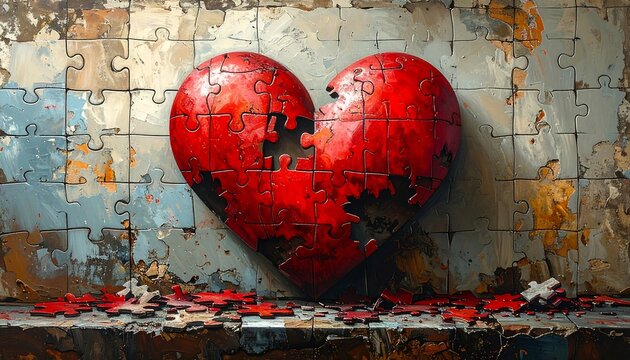 A heart, formed by puzzle pieces, sits against a wall of other puzzle pieces, missing one