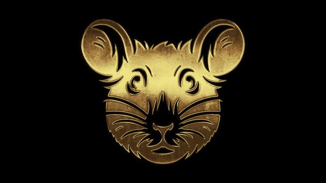 Mouse face with slightly reflected outlines on a gold foil-like surface, loop, alpha channel