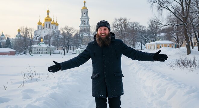 Bearded man embracing the winter landscape in Russia with a majestic church backdrop