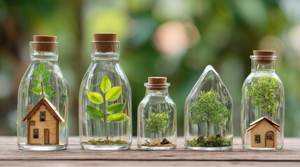 Glass bottles with plants and miniature houses inside, standing on a wooden surface with greenery in the background.