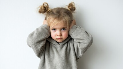 A young girl with pigtails holding her head in her hands, wearing a gray hoodie, against a white background.