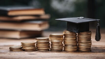 A graduation cap and coins on a wooden table.