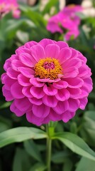Obraz premium Close-up of a vibrant pink zinnia flower, petals layered around a central yellow disc