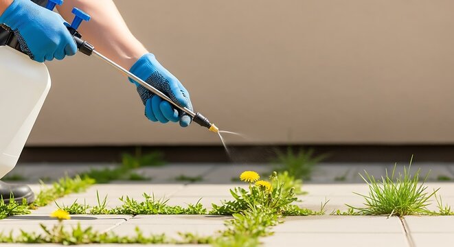 Weed Control Spraying on Pavement.