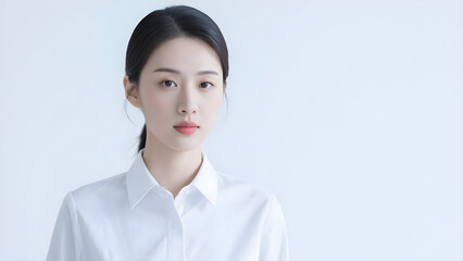 Elegant professional portrait of a young woman in a crisp white shirt on light background