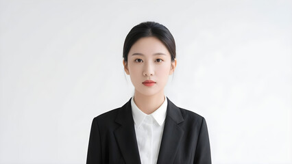 Portrait of a young professional asian woman in business attire against a clean white background
