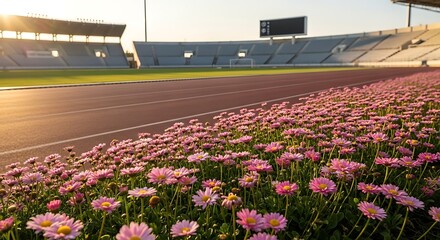 An athletic field view from ground level, showing a running track bordered by flowers, with the stadium in the background. A perfect view of an outdoor sport facility
