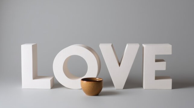 The word LOVE in bold white glossy letters with a hollow O stands prominently,