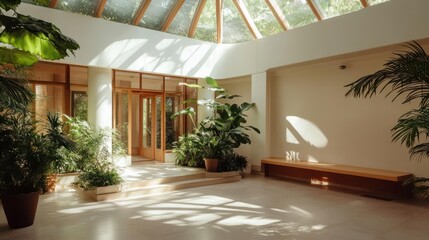 Sunlit atrium with tropical plants casting shadows, creating a tranquil indoor sanctuary atmosphere