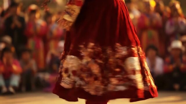 Festive Celebration Dancer in Motion with Skull-Adorned Skirt, Cultural Tradition, Vibrant Colors and Dynamic Movement for Holiday Festivities
