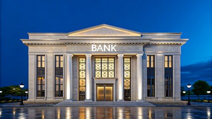 Modern bank building exterior at night
