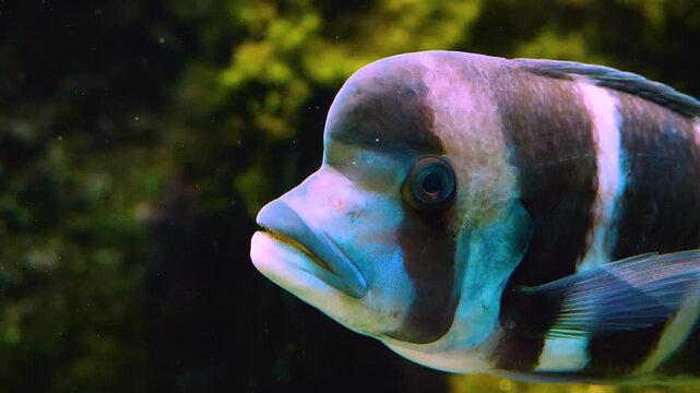 Close up of a humphead cichlid fish swimming around a rock underwater
