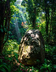 Sunlit boulder in dense jungle