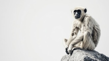 Obraz premium White monkey perched on rock against a bright neutral background