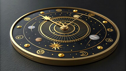 Luxury zodiac clock with celestial symbols and golden design
