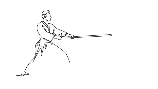 Animated self drawing of continuous line draw male Aikido athlete in deep, powerful stance, holding staff in forward thrust, the discipline and energy of an weapon form. Full length one line animation