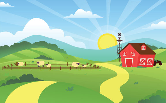 Farm field landscape cartoon ilustrations