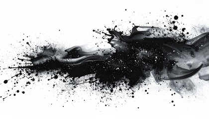 Dramatic black ink abstract, fluid paint explosion on a white background