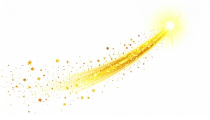 Bright yellow light streams from a radiant star, trailing glitter and stars against white