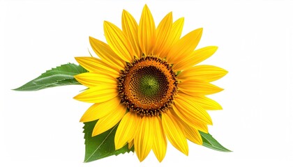 A vibrant sunflower, fully bloomed, with green leaves, set against a clean white background