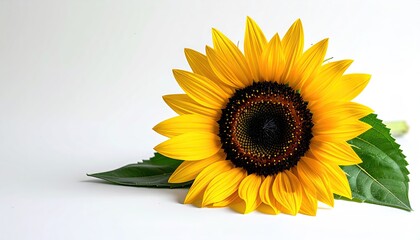 A vibrant yellow sunflower with a dark center lies against a white backdrop