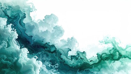 Abstract composition of swirling teal and blue inks with white background