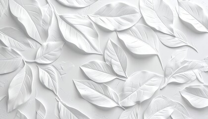 All-white raised relief of various leaves, creating a textured botanical design