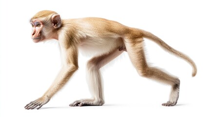 Monkey walking sideways against a white background with copy space