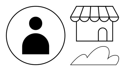 User profile inside a circle, storefront with awning, and a cloud. Ideal for e-commerce, business, networking, cloud computing, customer relations online platforms and digital services. Simple flat