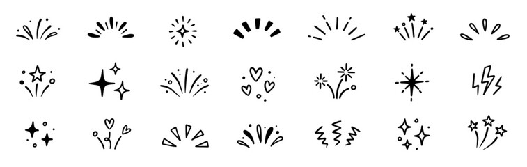 Line surprise icon element set. Hand drawn line sun bursts, cartoon star sparkles, and playful surprise rays with comic starburst and whimsical sunshine comic effect elements. Vector illustration © Polina Tomtosova