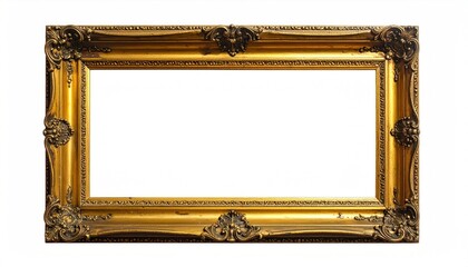 Ornate, rectangular golden frame with elaborate detailing on a white background