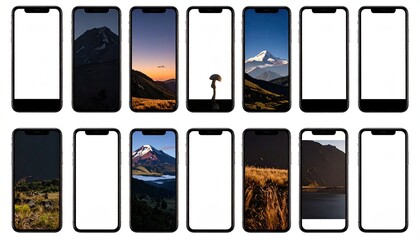 Grid of smartphones with varying nature background images and blank screens
