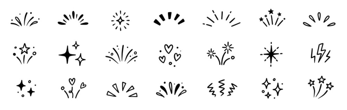 Line surprise icon element set. Hand drawn line sun bursts, cartoon star sparkles, and playful surprise rays with comic starburst and whimsical sunshine comic effect elements. Vector illustration