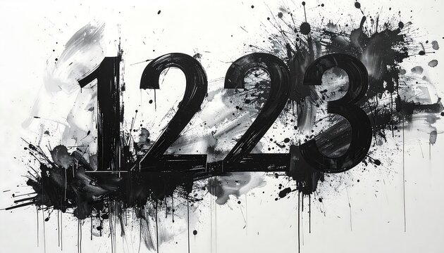 Abstract black numbers on a white background with paint splatters - Powered by Adobe