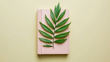 Pastel pink notebook with green leaf