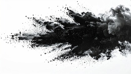 Swirling black substance erupts against a stark white background, creating a dynamic display