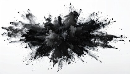 Black powder exploding outwards against a white backdrop, showing movement and texture