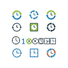 Four stylized clock icons showing reload, reset, and circular time flow, with different symbols.