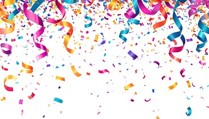 Fototapeta premium Vibrant streamers and confetti cascade downward against a stark white background