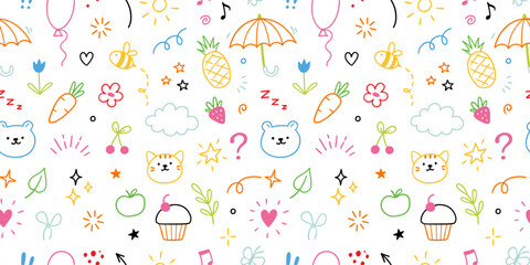 Kid pattern background. Seamless cute pattern with colorful hand drawn icons of bear, cat, cherry, cupcake and pineapple. Fun cartoon bee, cloud, flower doodles background. Vector illustration
