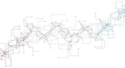 Obraz premium Abstract visualization of a complex network with data flow arrows and interconnected nodes.
