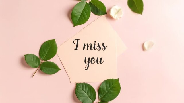 A pale pink background displays a bouquet of cream-colored roses, leaves, and petals.  A piece of pale peach-colored paper, with the words "I miss you" written in a script font.