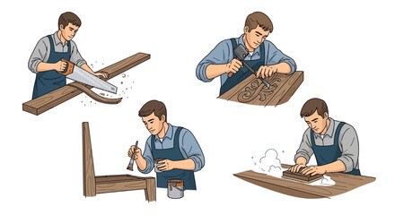Skilled Artisan Crafting Wood Sawing Carving Assembling and Sanding Steps
