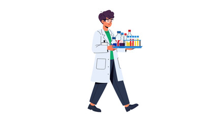 Scientist Carrying Tray of Medical Samples and Equipment