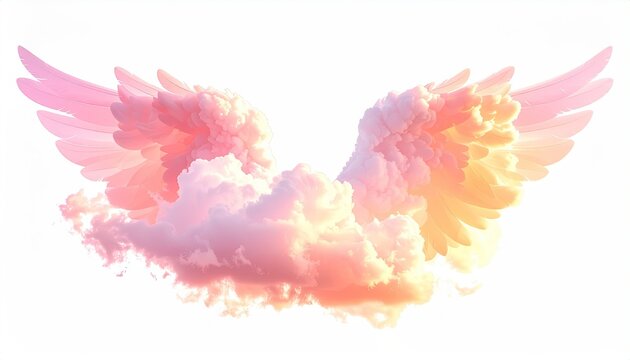 Pair of angelic wings of soft pink and gold emerging from cloud