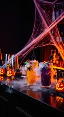 Colorful Halloween cocktails sit on a bar, surrounded by glowing jack-o'-lanterns and eerie spider decorations. The atmosphere is alive with spooky fun and celebration